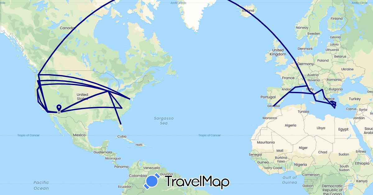 TravelMap itinerary: driving, plane in Spain, France, Gibraltar, Greece, Italy, Montenegro, Netherlands, United States (Europe, North America)